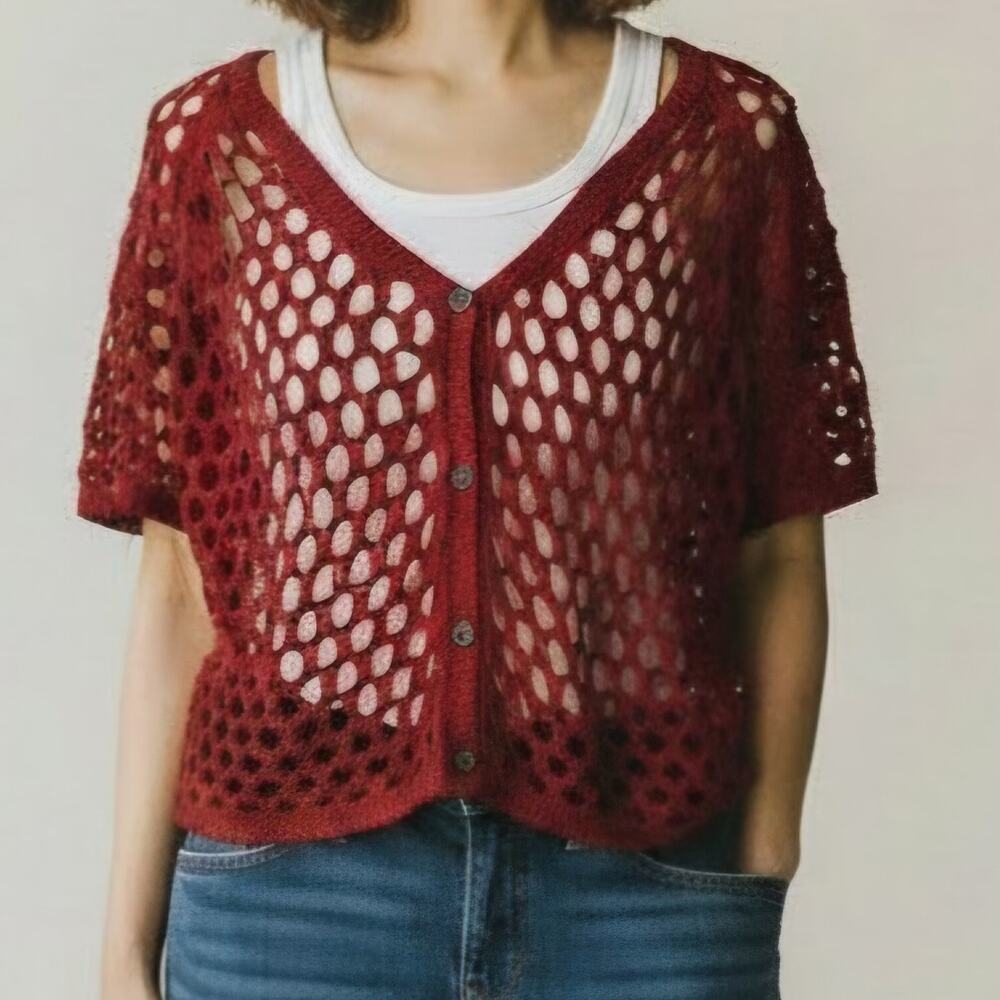 Cupshe Red Crochet Mesh Button Front Short Sleeve Top Women's Size S NWT